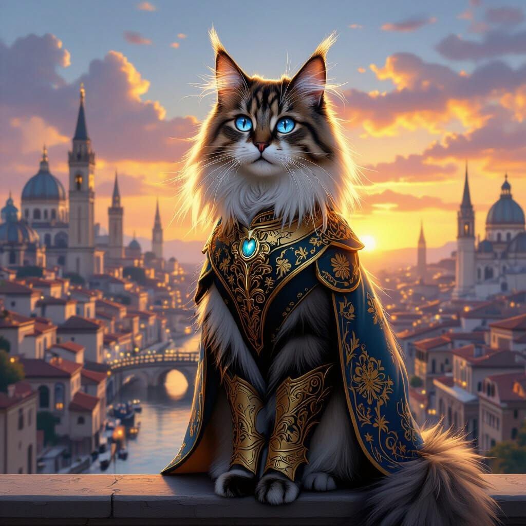 Cat in Golden Armor Overlooking Renaissance Cityscape