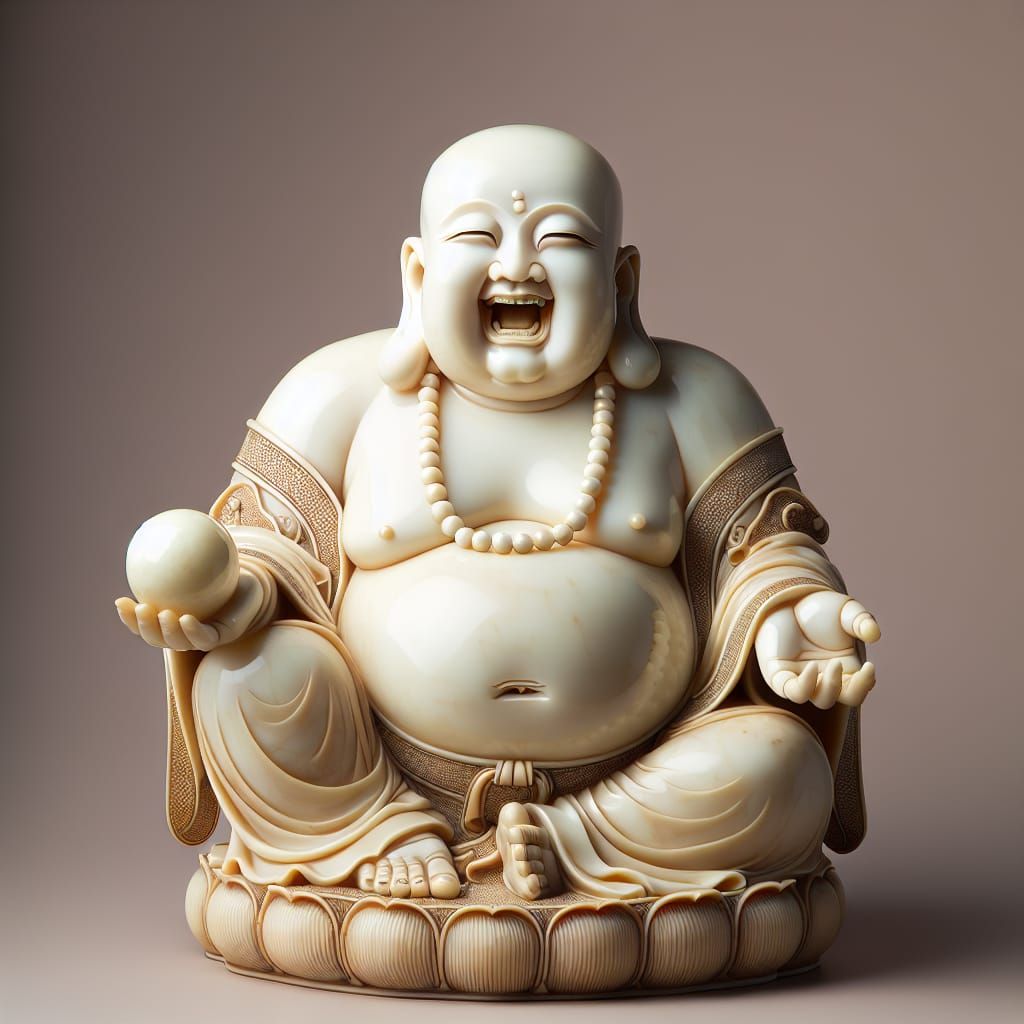 Laughing Buddha Ivory Statue with Pearls