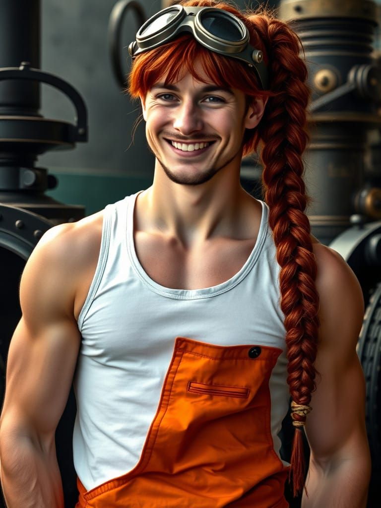 Steampunk Gentleman with Braided Ponytail in Mechanic Attire