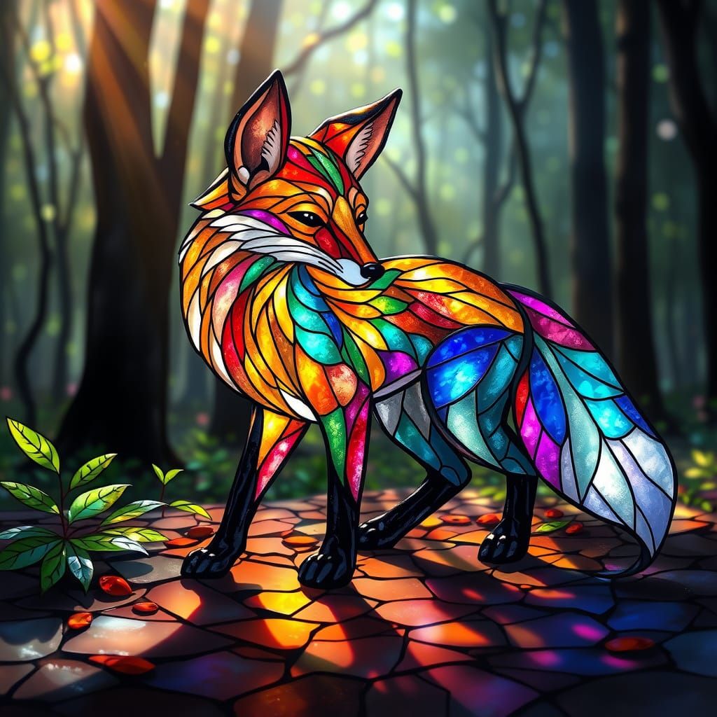 Stained Glass Fox with Rainbow Reflections