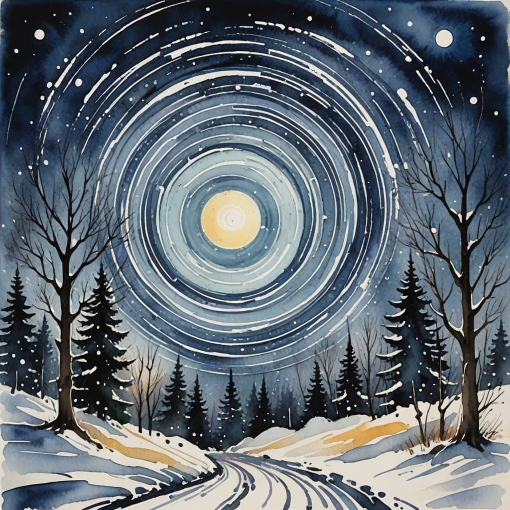 Dynamic Watercolor Snowstorm with Moonlight