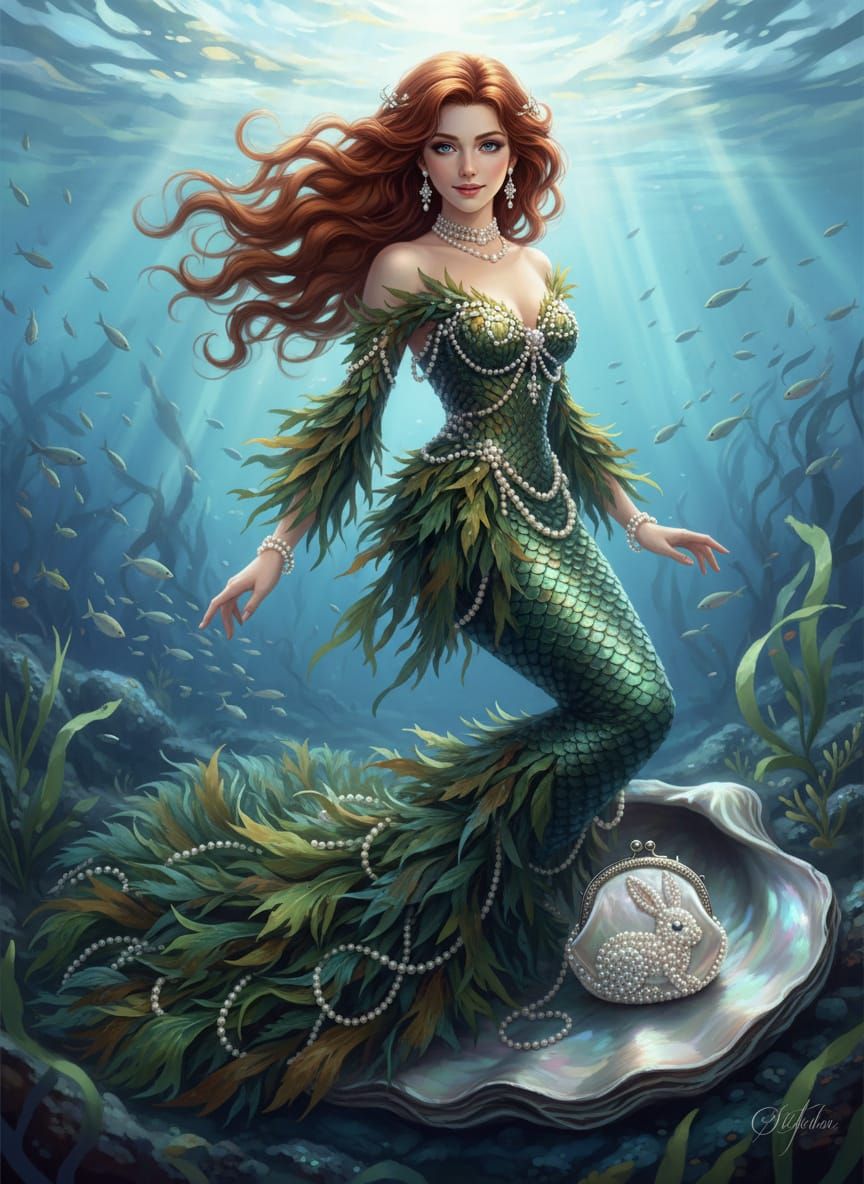Mermaid in Konbu Seaweed Gown with Pearl Accents