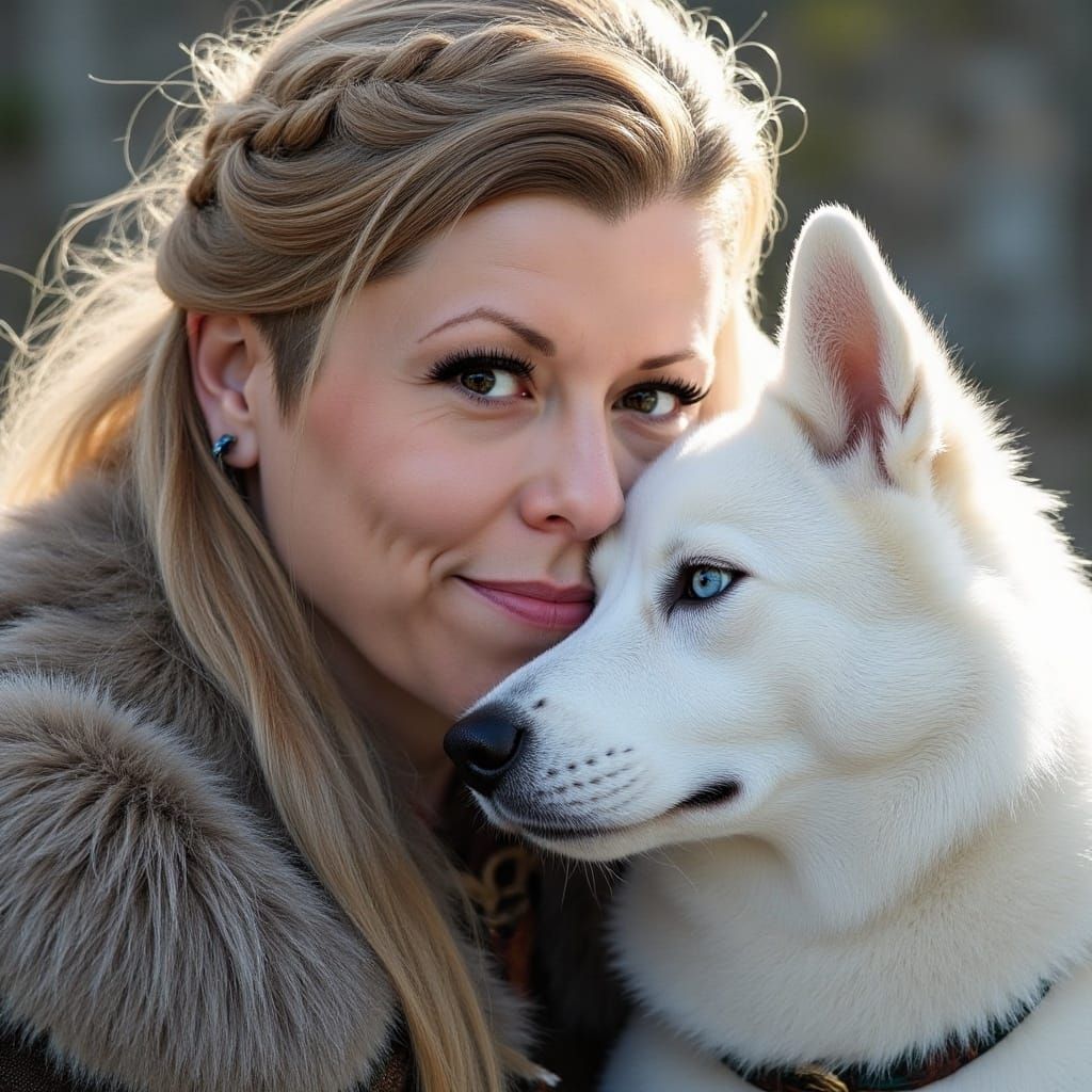 Viking Woman with Siberian Husky in Hyperrealistic Style
