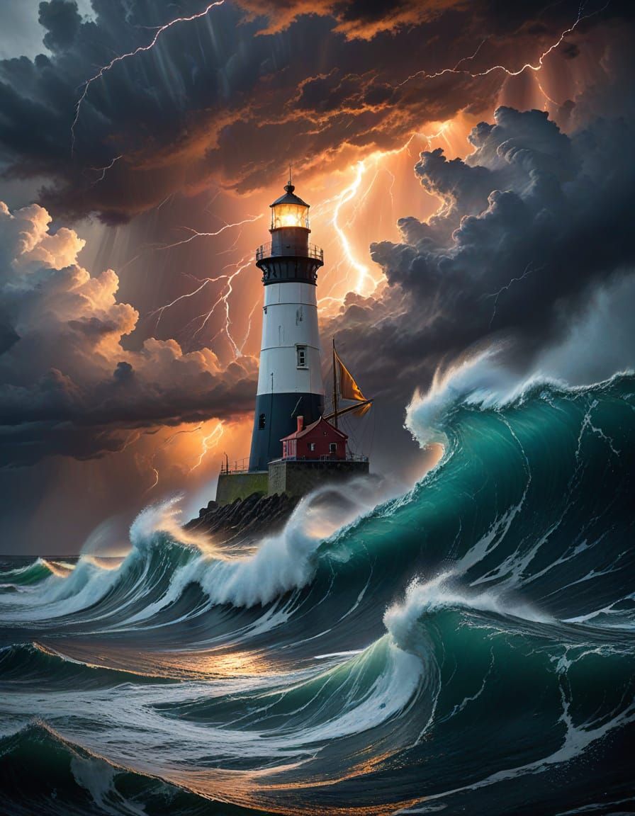 Dramatic Lighthouse Painting in a Wild Storm