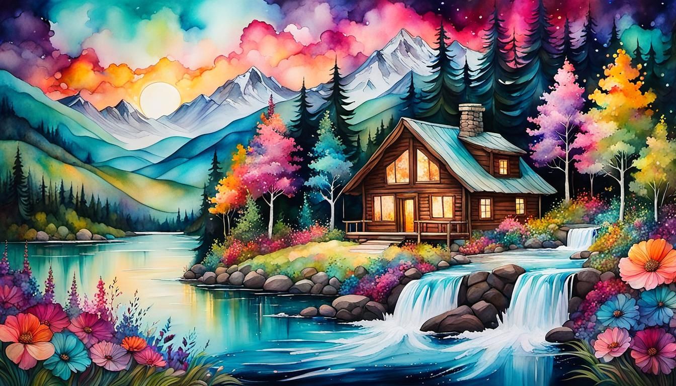 Vibrant Alcohol Ink Landscape with Dreamlike Atmosphere