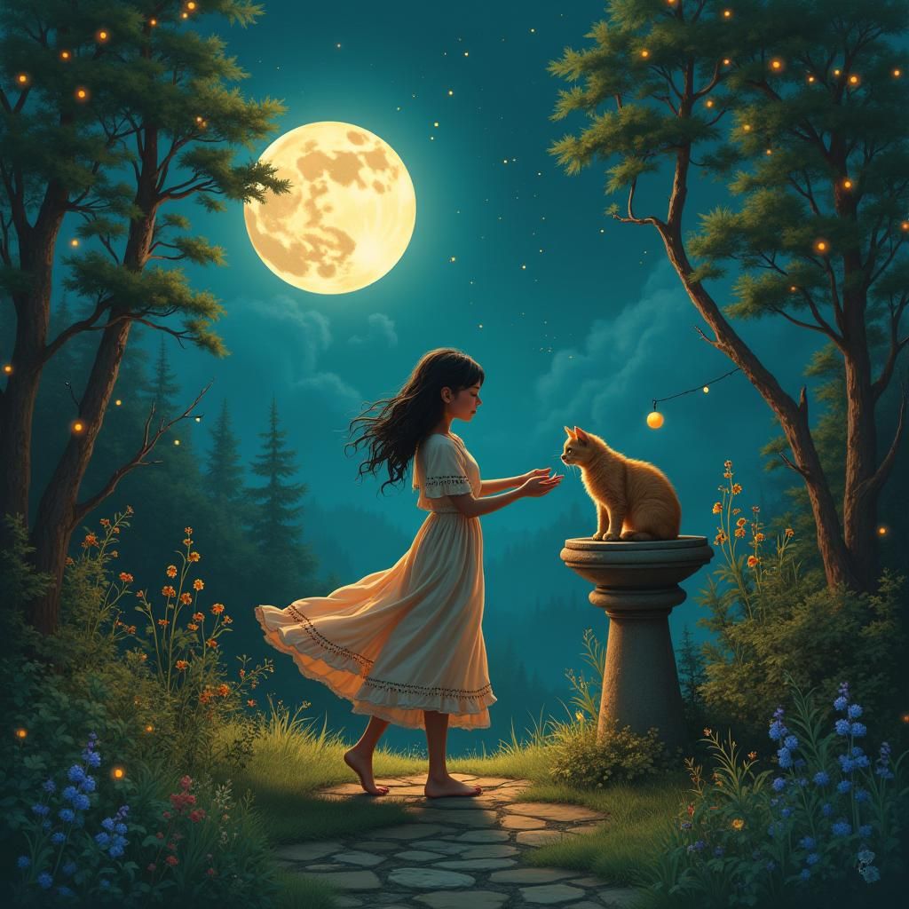 Magical Garden: Woman Reaches for Cat