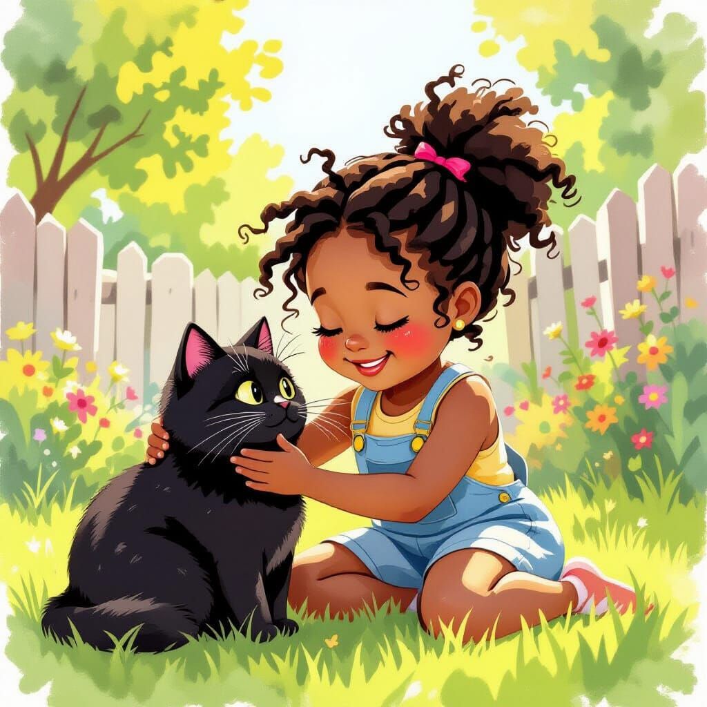 Girl and Black Cat: Vibrant Watercolor Painting