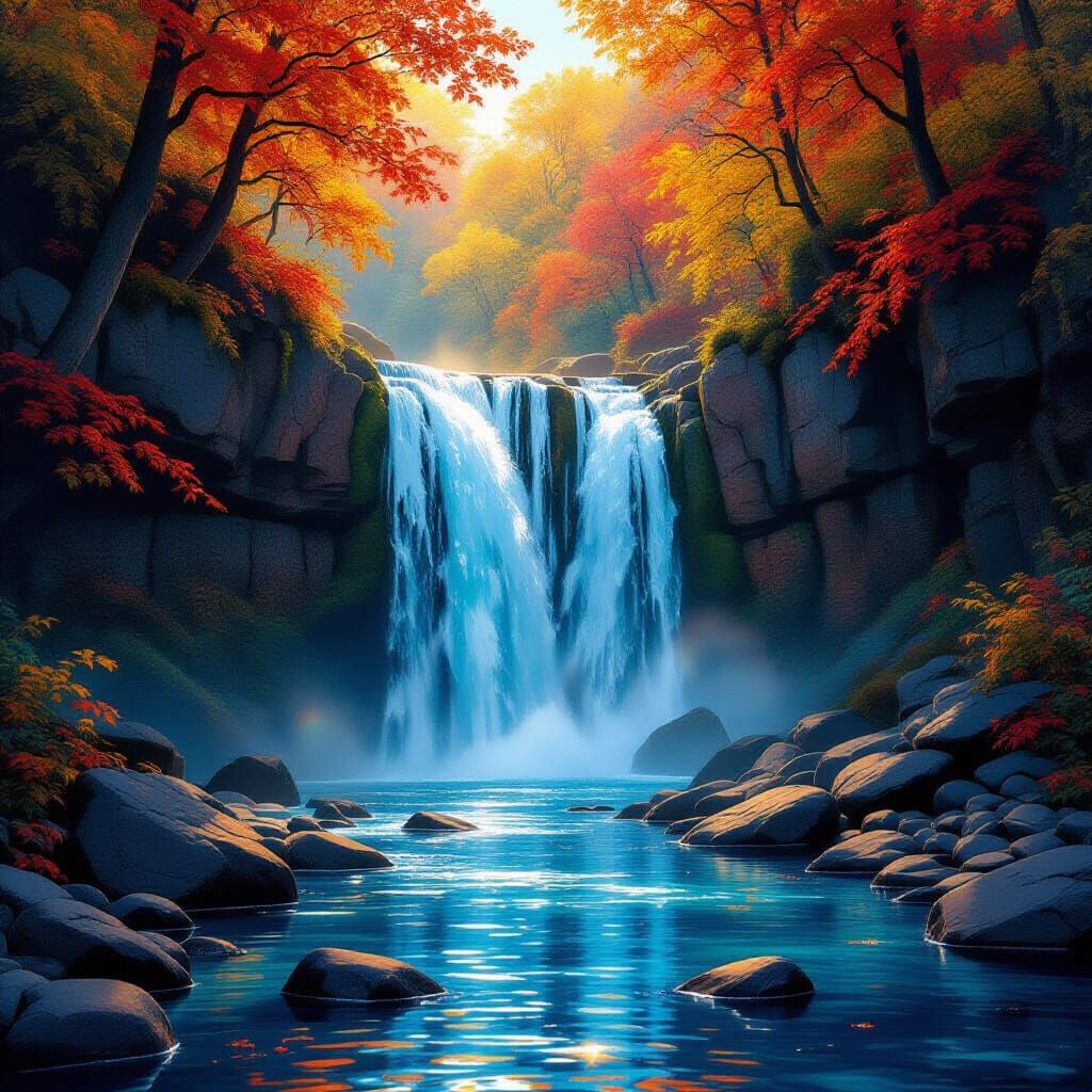 Electric Blue Waterfall Amidst Fiery Autumn Foliage