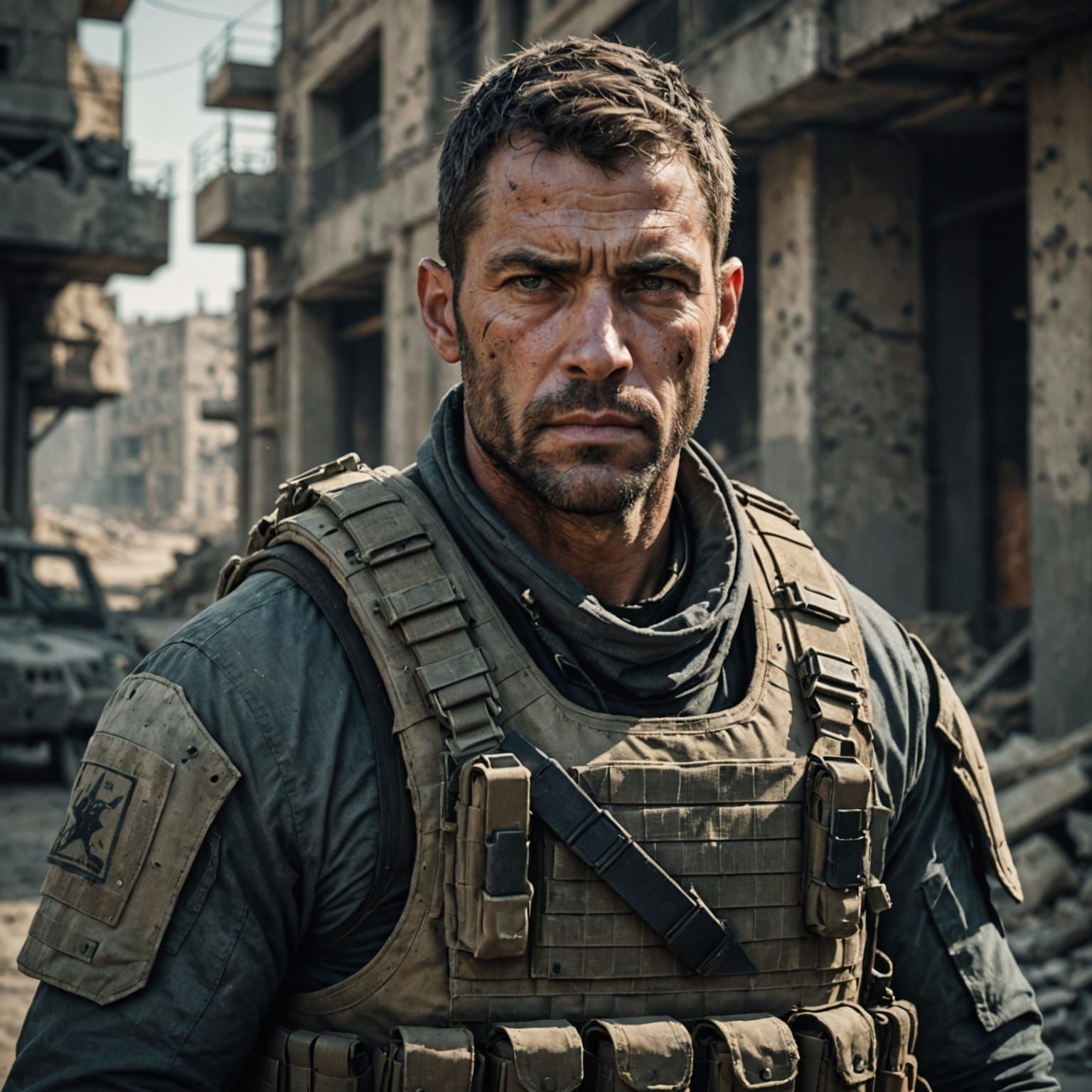 Rugged Mercenary in Gritty Urban Setting