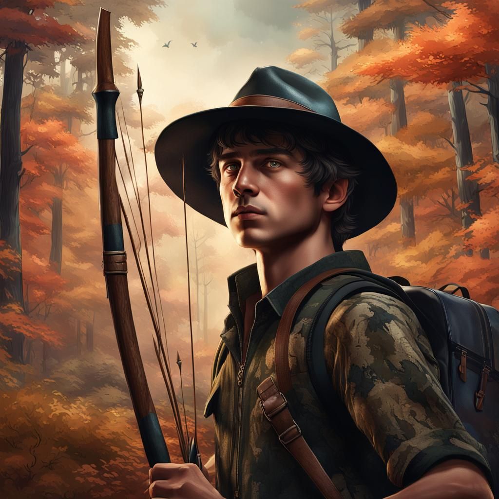 Young Man with Longbow in Forest: Fantasy Art