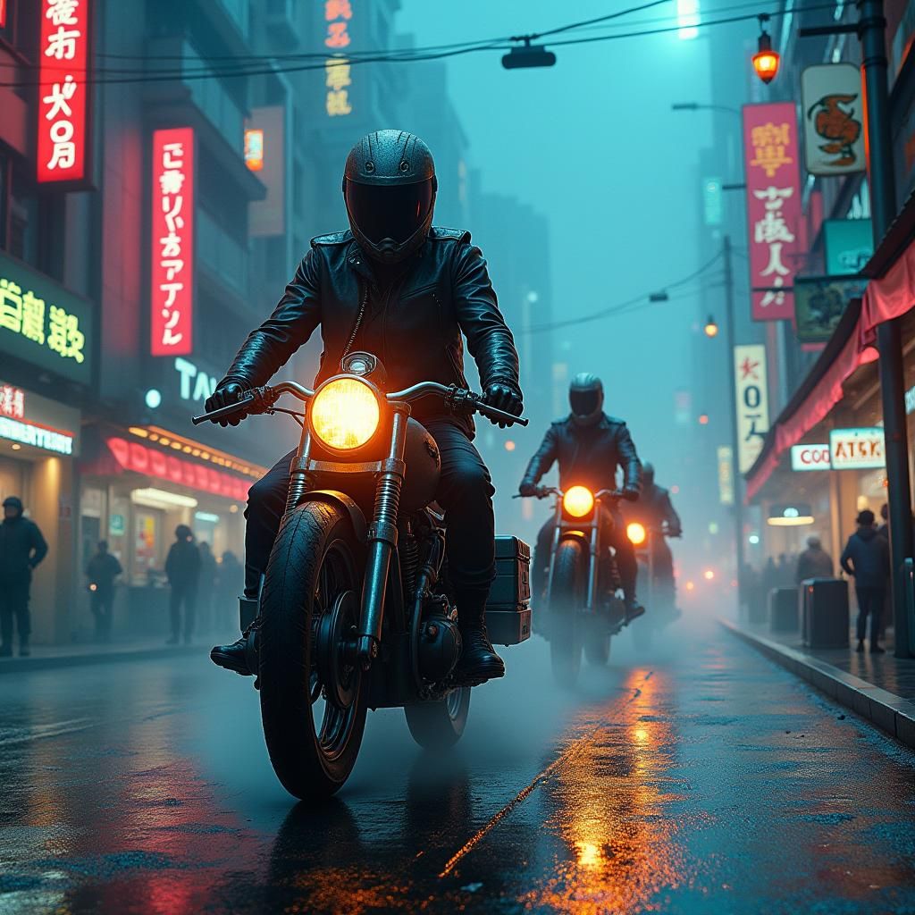 Cyberpunk Biker Gang in Neo-Tokyo: 1970s Fantasy Art