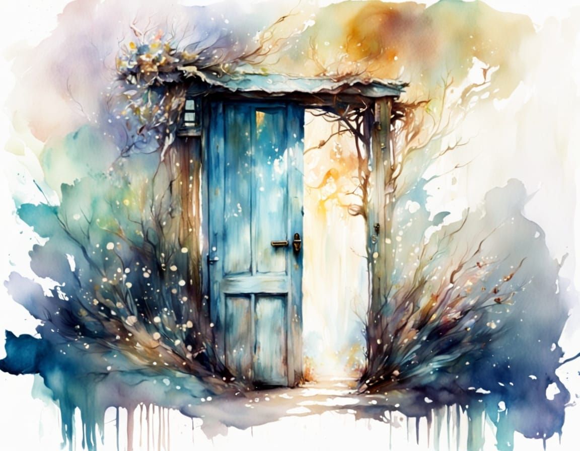 Floating Door to Father Time: Whimsical Watercolor