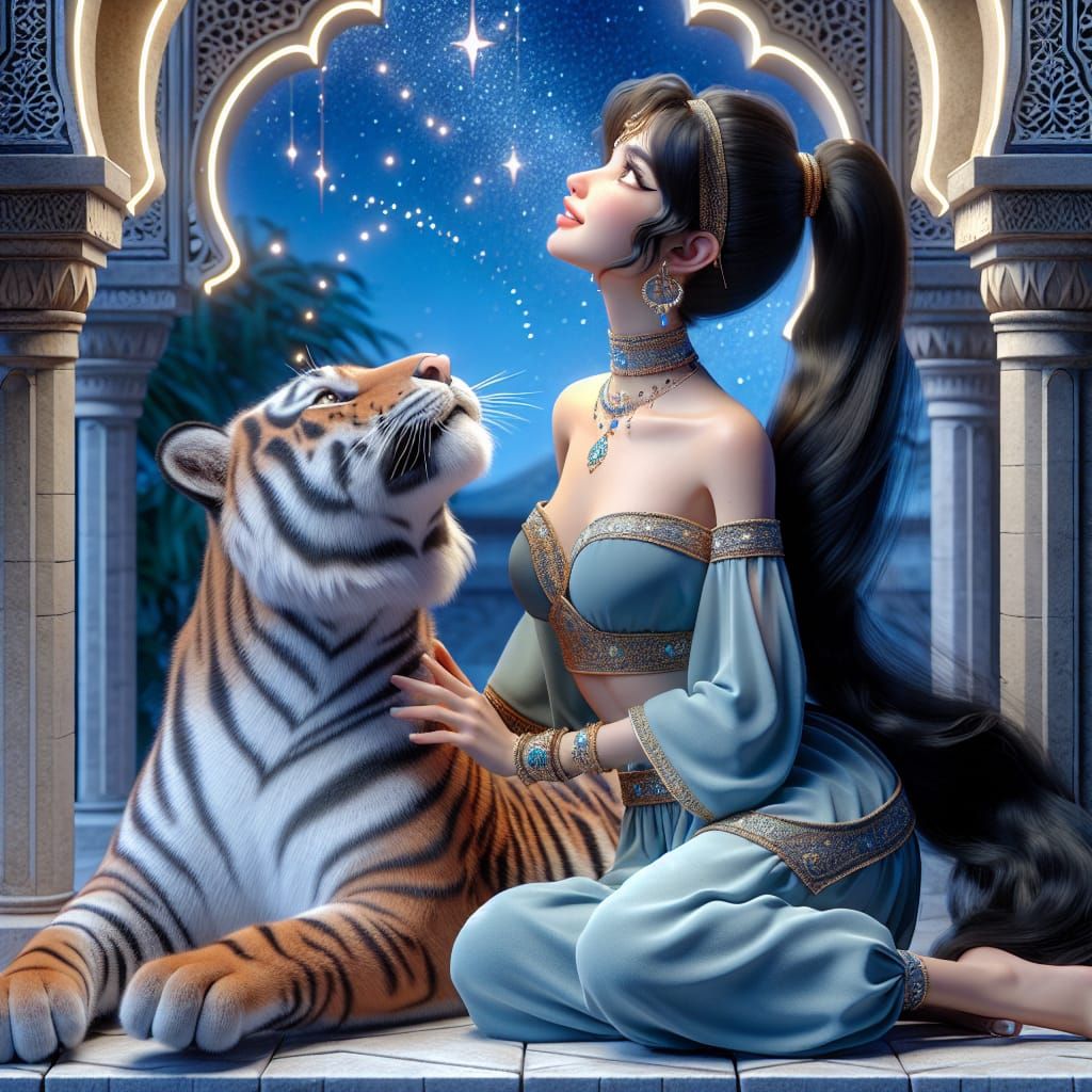 Disney Pixar style 3D beautiful woman, long black hair in a thick pony tail, wearing a stunning outfit Arabian Nights st...