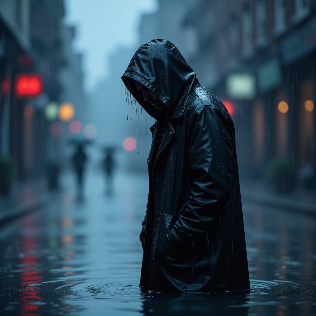 Melancholic Figure in Rain: A Photorealistic Urban Scene