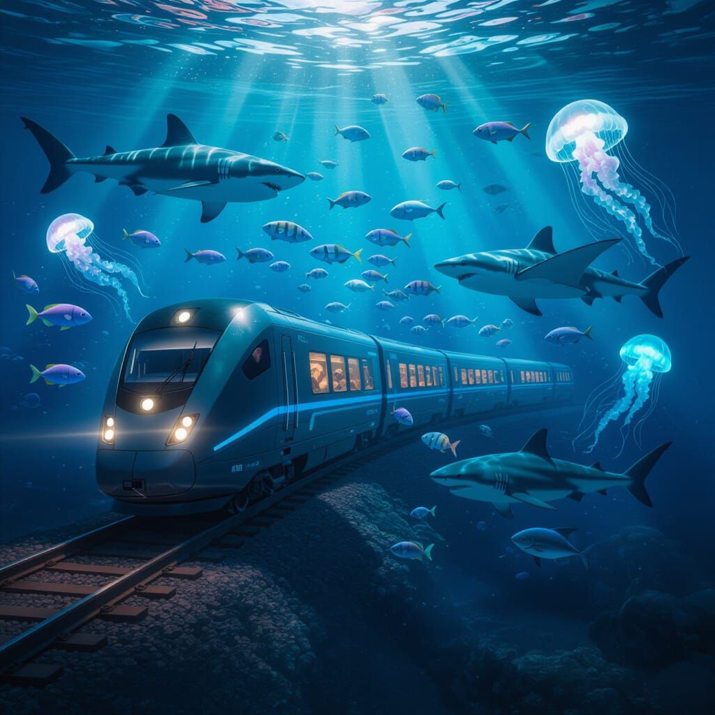 Futuristic Train Speeding Through a Deep Ocean Scene