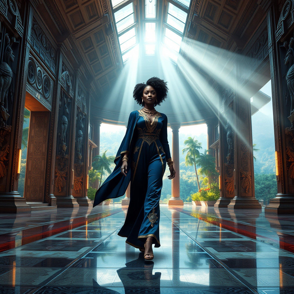 African Queen in Futuristic Temple, Afrofuturism Style