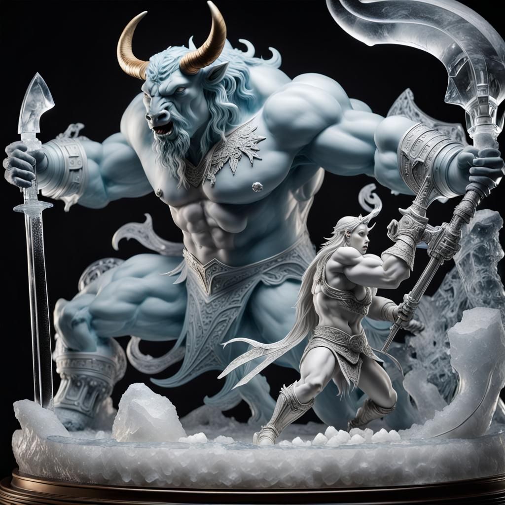 carved ice sculpture depicting the legendary battle between Thésée and the Minotaur.