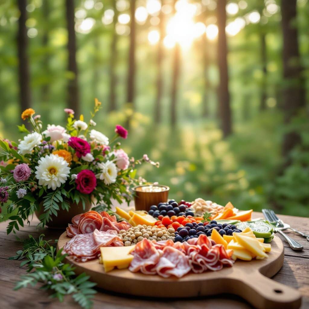 Charcuterie Board and Flowers in Forest Setting