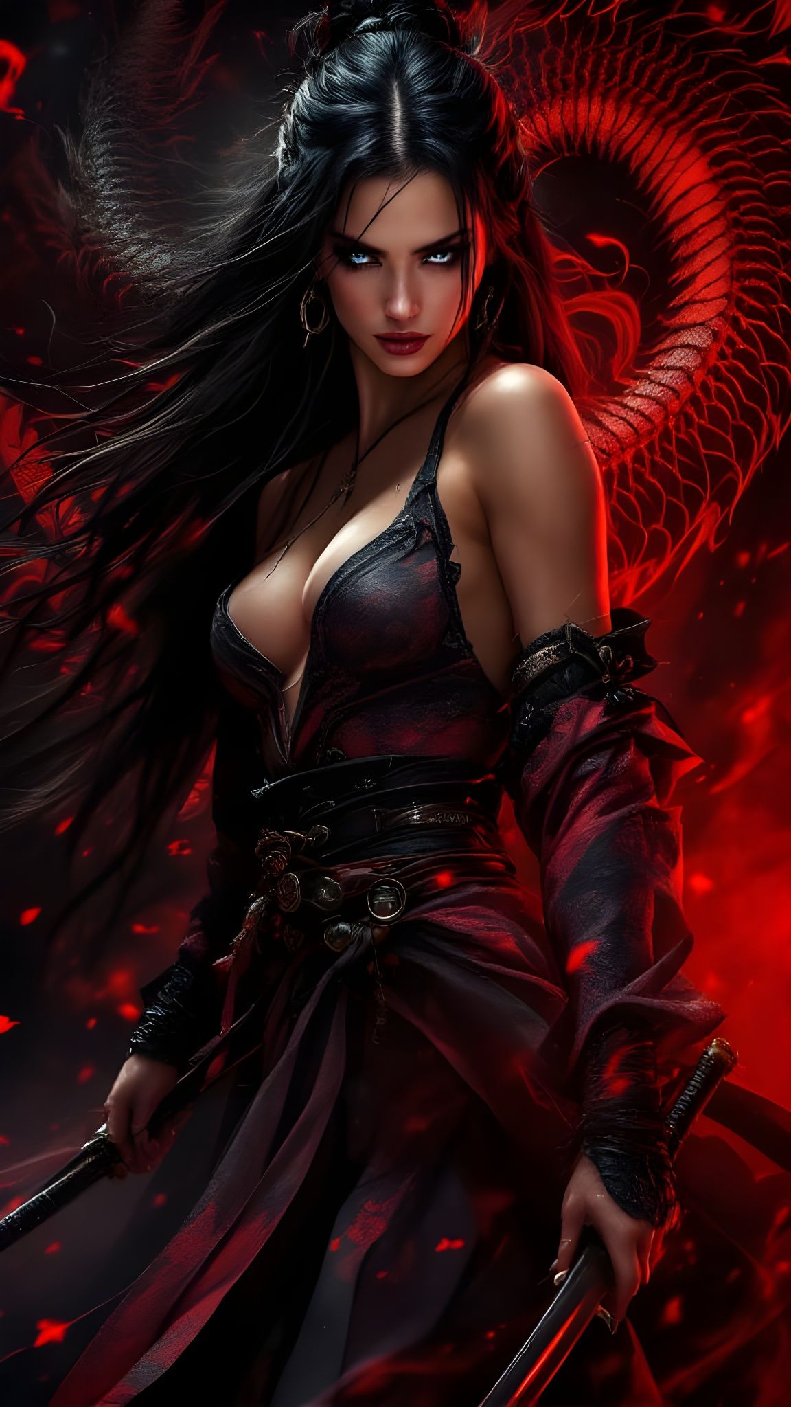 Samurai Woman With Dragon Pattern In Dark Red