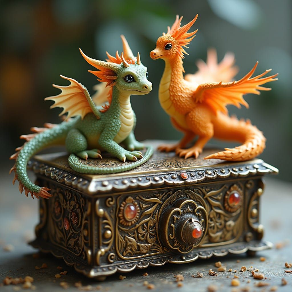 Whimsical Dragon and Phoenix on a Jewel-Encrusted Box