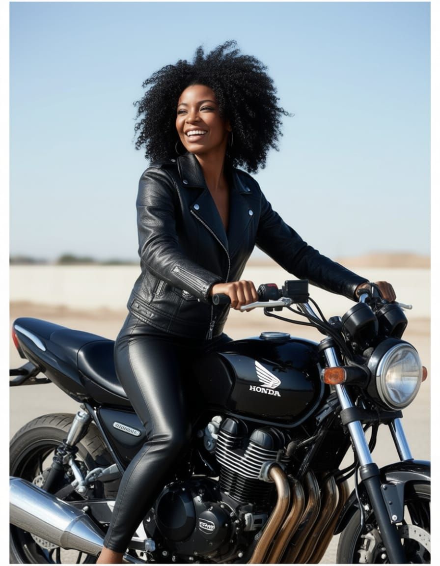 Woman Riding Honda Motorcycle in Leather Jacket