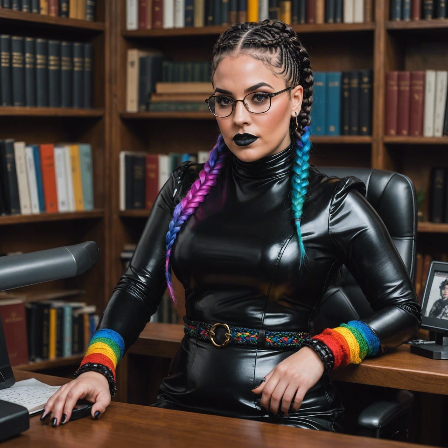 Rainbow-Haired Librarian in Shiny Black Dress