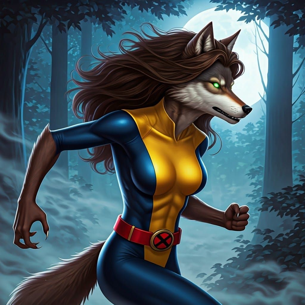 Young Wolf Woman in X-Men Costume Sprints through Moonlit Fo...