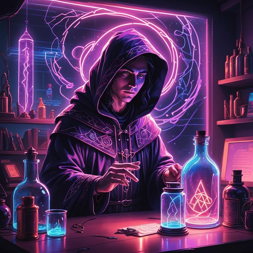Elf Cleric in a Bottle: Synthwave Neon Retro Art