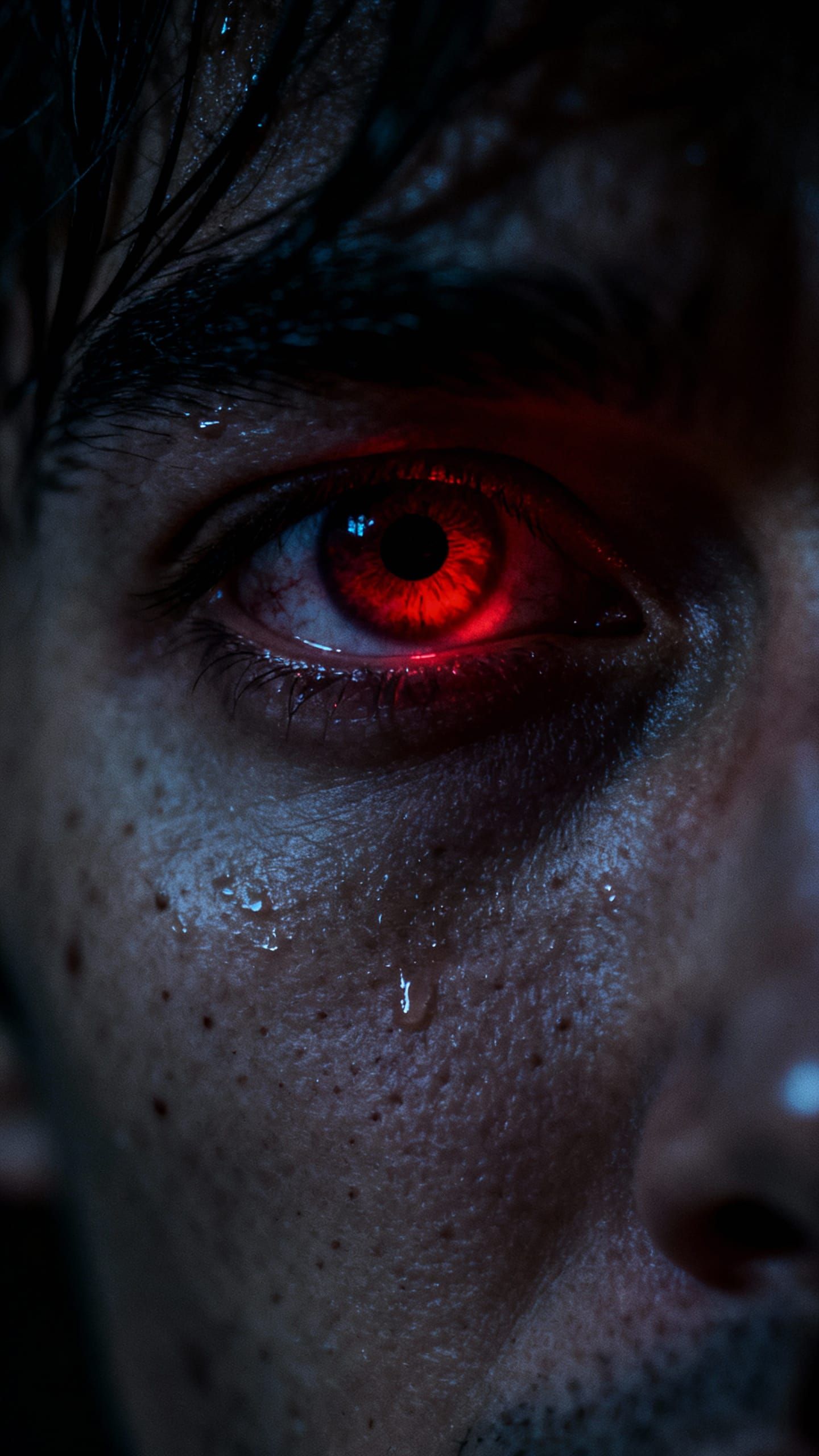 Terrified Human Eye Macro Shot with Red Light Reflection