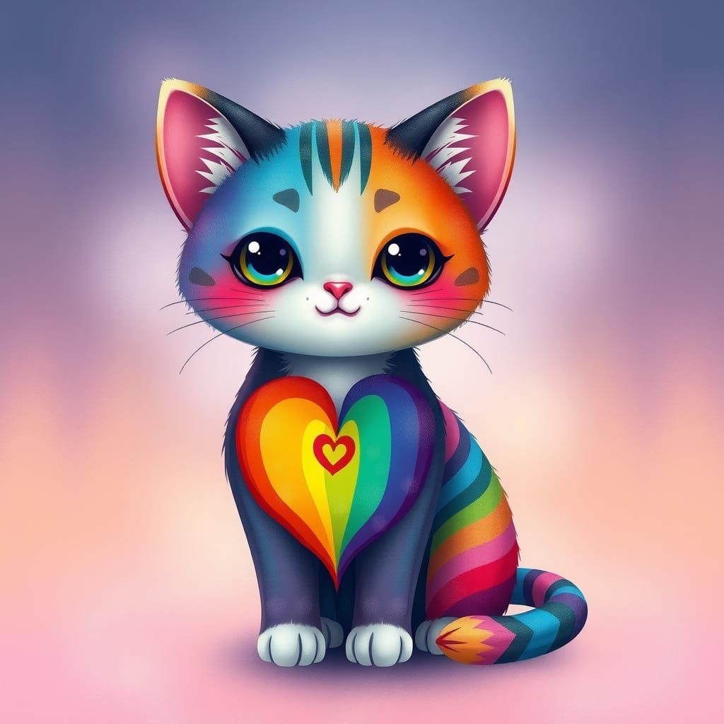 Whimsical Feline with Rainbow Pride Heart
