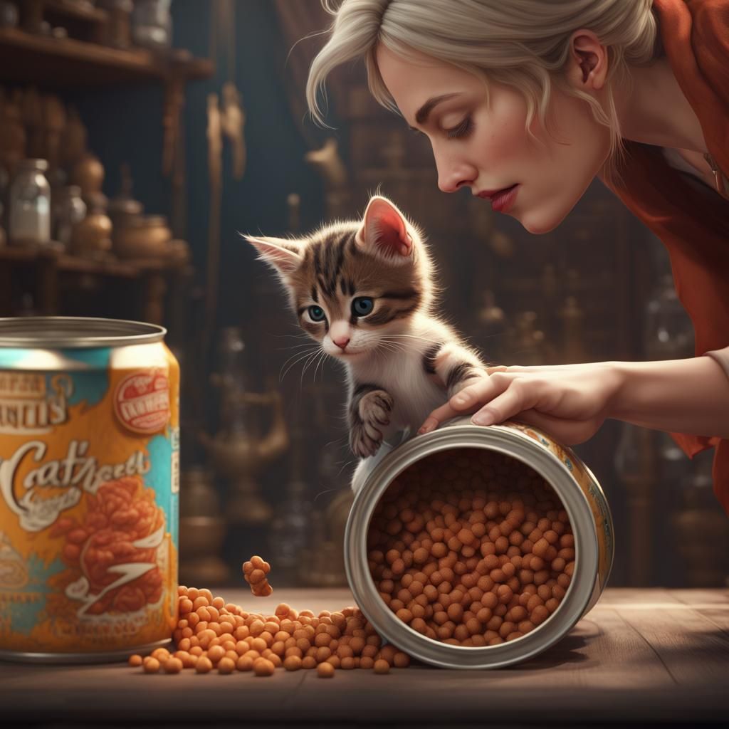 Cute Kitten Climbs Leg for Food, Detailed Matte Painting