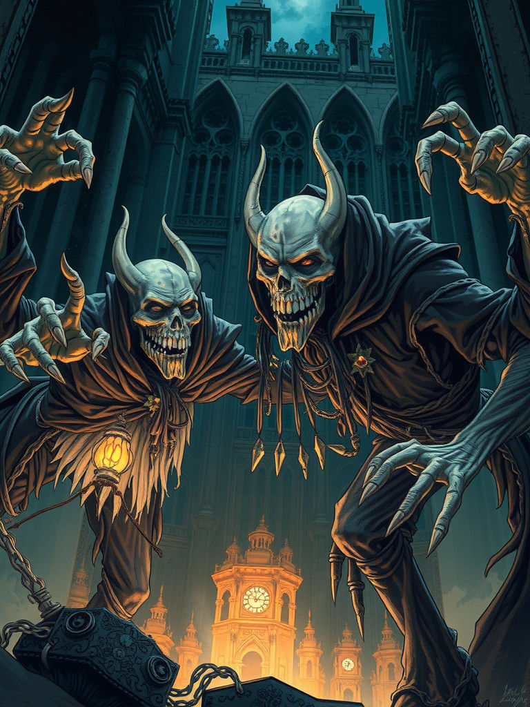 Grim Grinning Ghosts in Anime Cel-Shaded Style