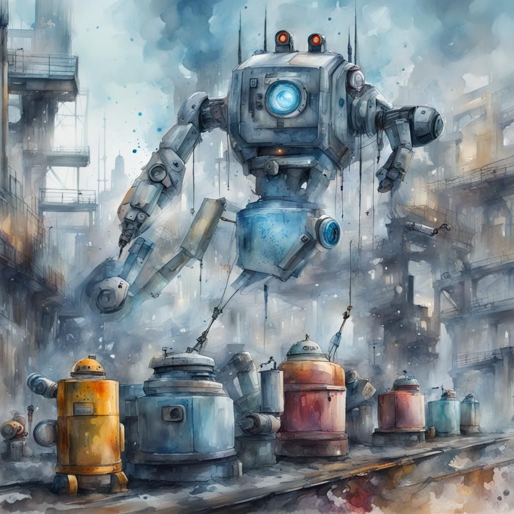 Robotic Production Line in Graffiti Art Style