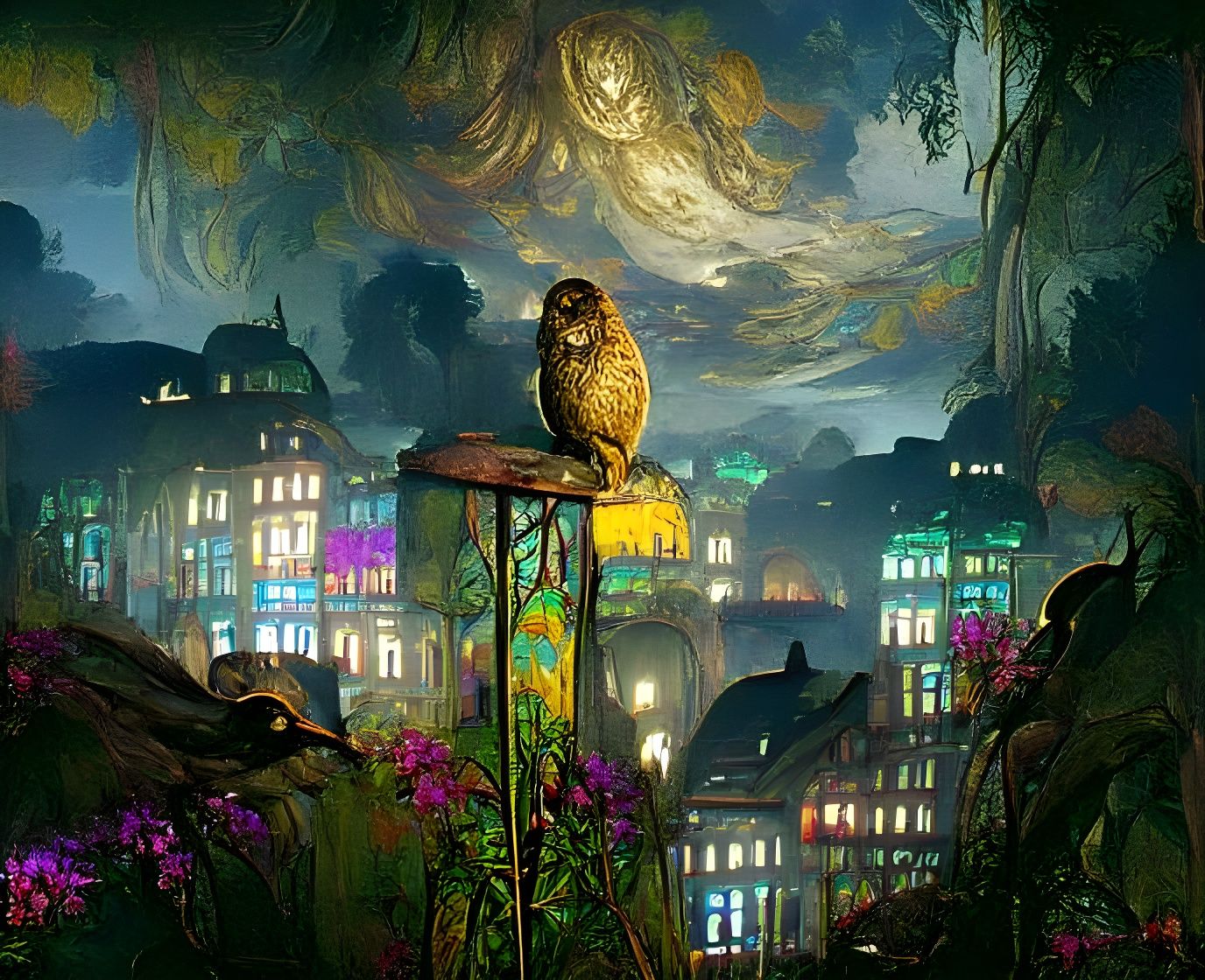 Majestic Owl Guardian Over Cityscape at Night