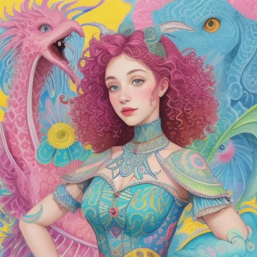 Whimsical Girl with Fantasy Creatures in Folk Art Style
