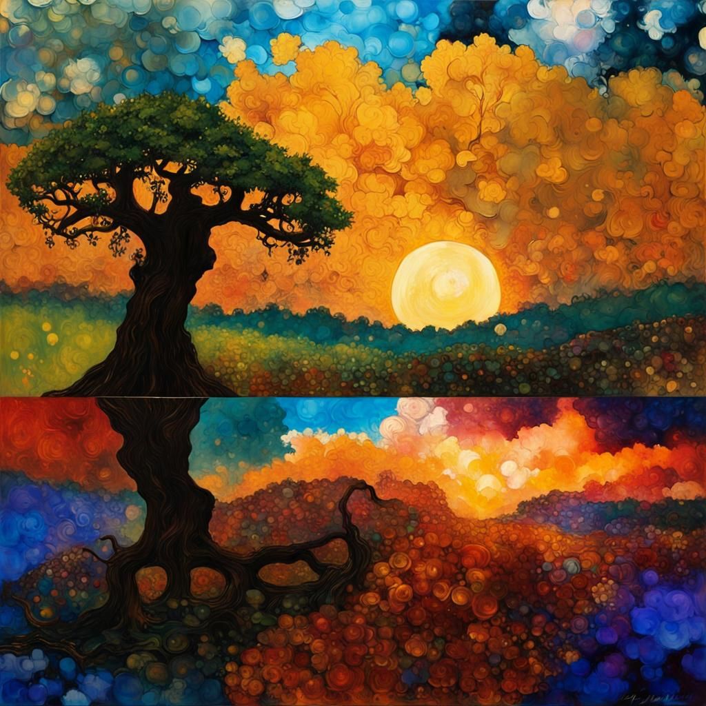 Moonset in a Ghibli-Inspired Art Deco Landscape with a Giant...