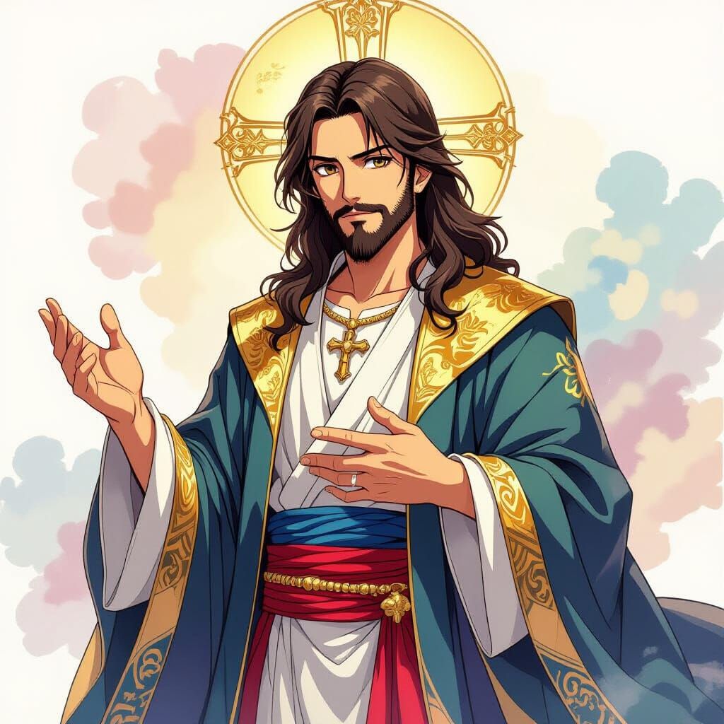 Anime-Style Jesus with Golden Robes and Watercolor Backgroun...