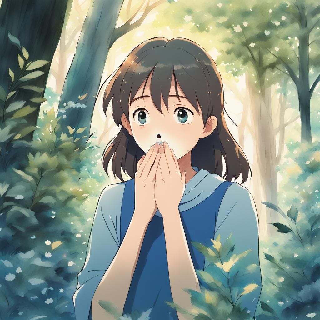 Surprised Anime Girl Burping in Ghibli Forest