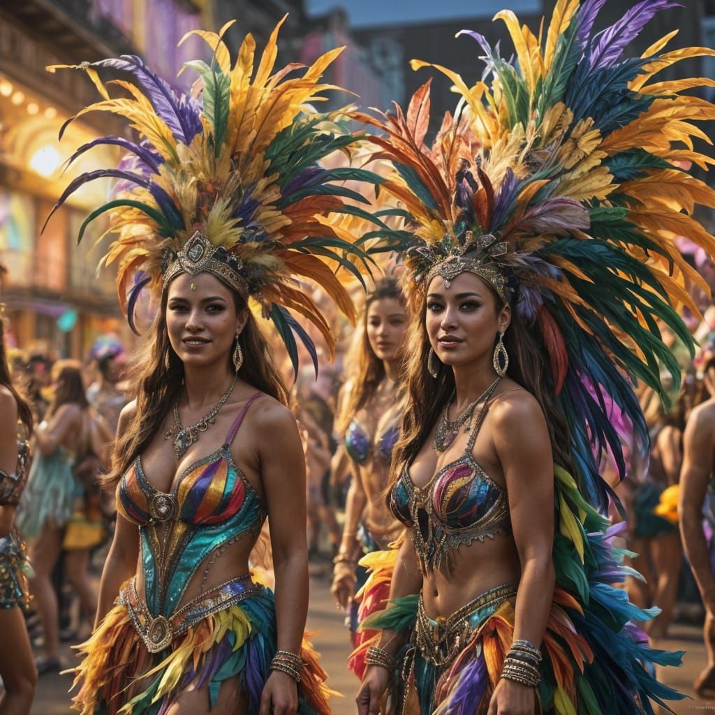 Women in Rainbow Feathered Dresses for Mardi Gras
