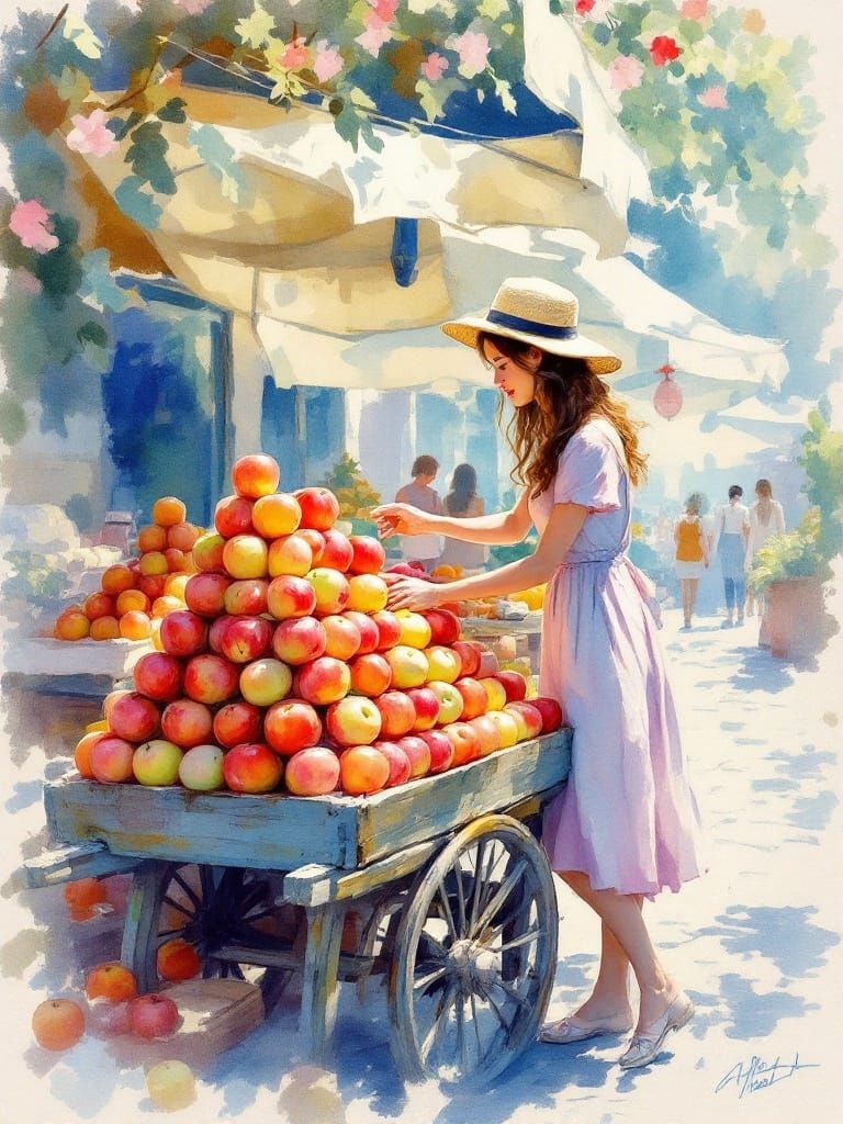 Impressionist Watercolor Apples at a Sunny Market Scene