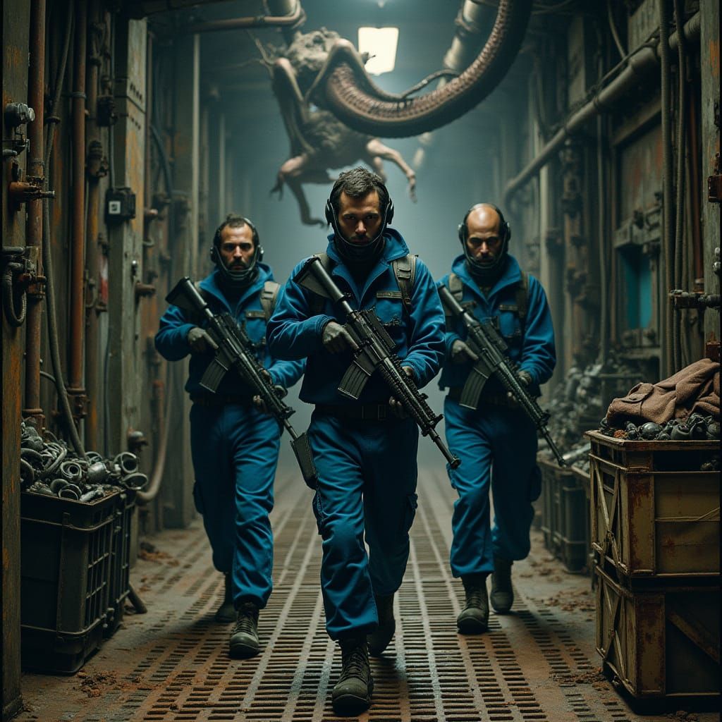 Dystopian Corridor with Armed Figures in Biomechanical Style