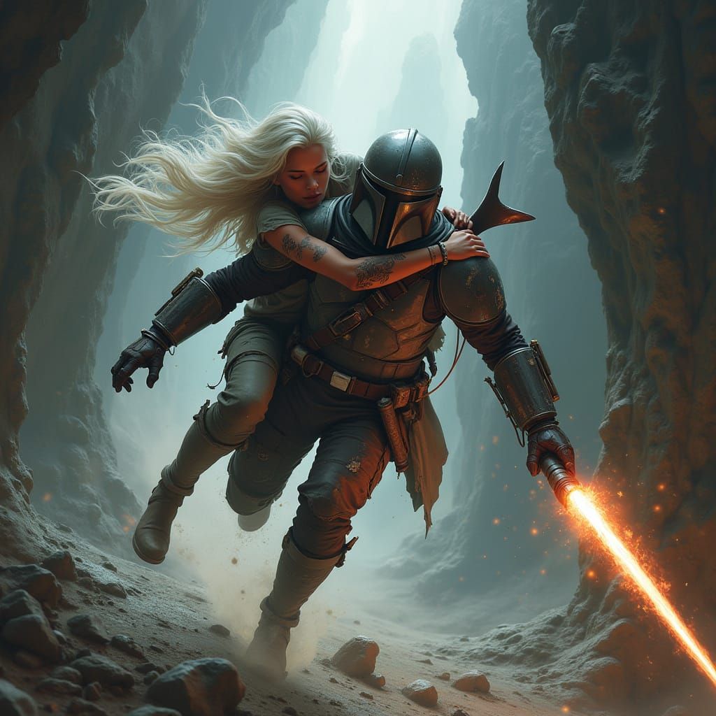 Mandalorian in High-Speed Cave Flight with Daring Companion