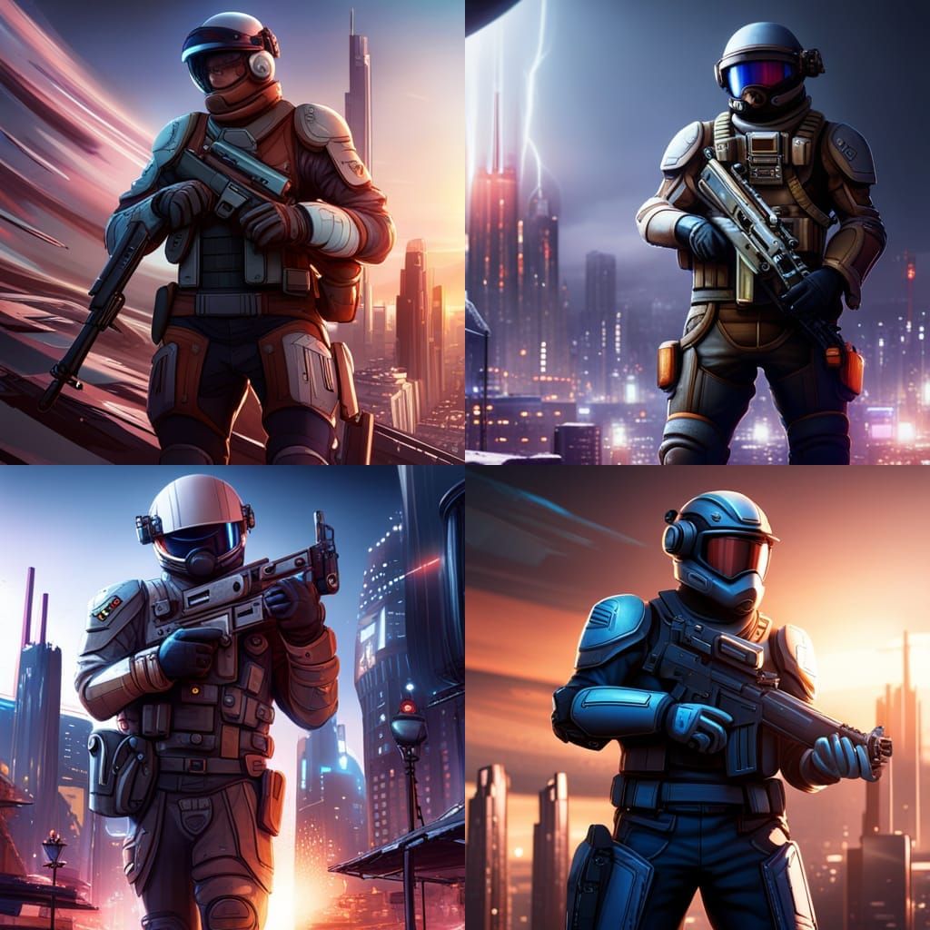 Futuristic Space Soldier Guarding a Tower in City