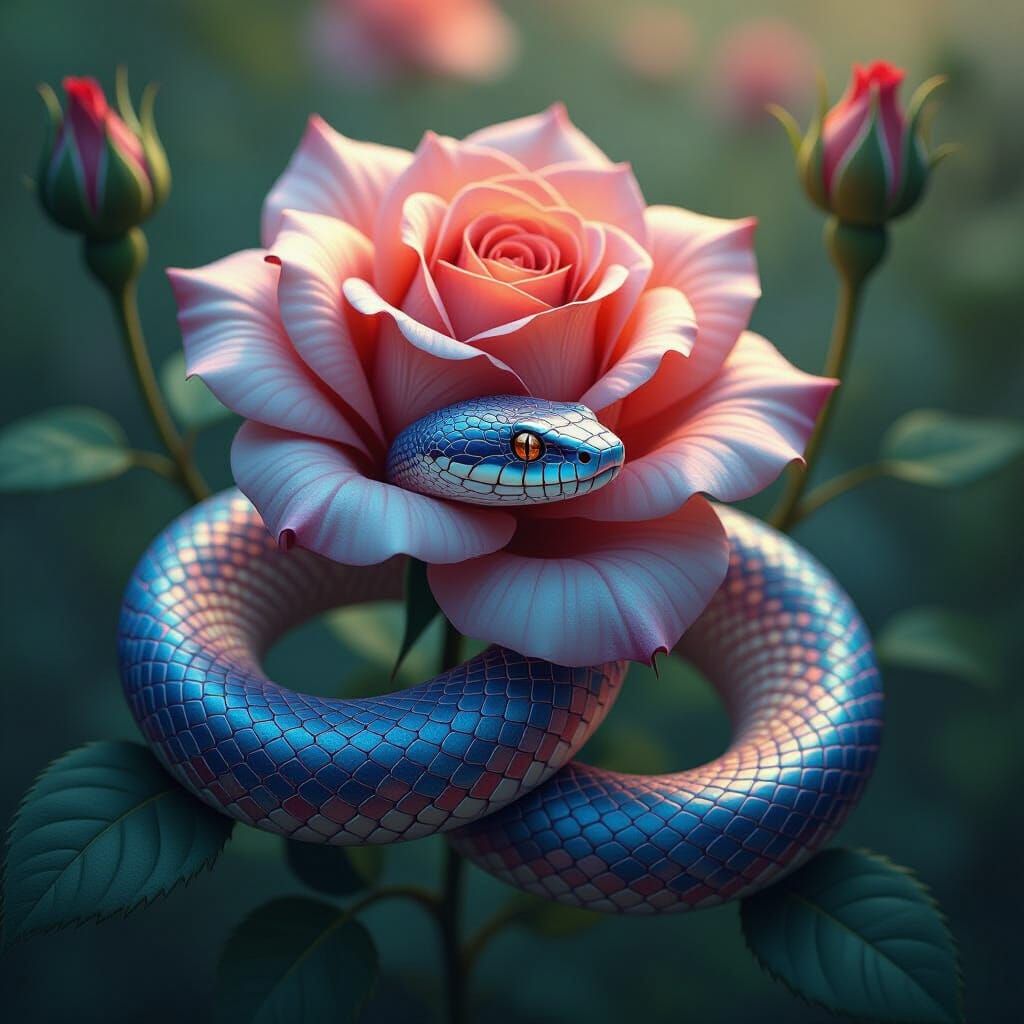 Fractal Snake Coiled Around Rose in Surreal Garden