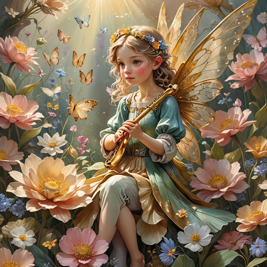 Fairy Flute Player in a Flower, Whimsical Art