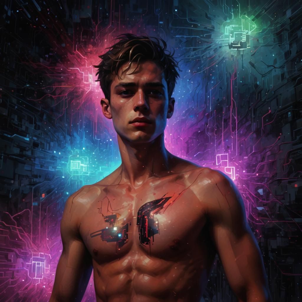 Surreal Glitched Man in Pixelated Neofuturistic Landscape