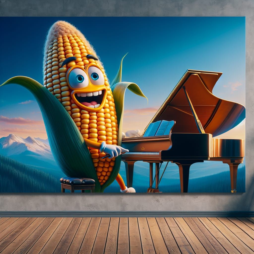Cartoon Corn Plays Piano in Fantasy Art Style