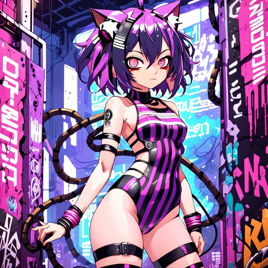 Kawaii Neko Girl in Cyberpunk Anime Style