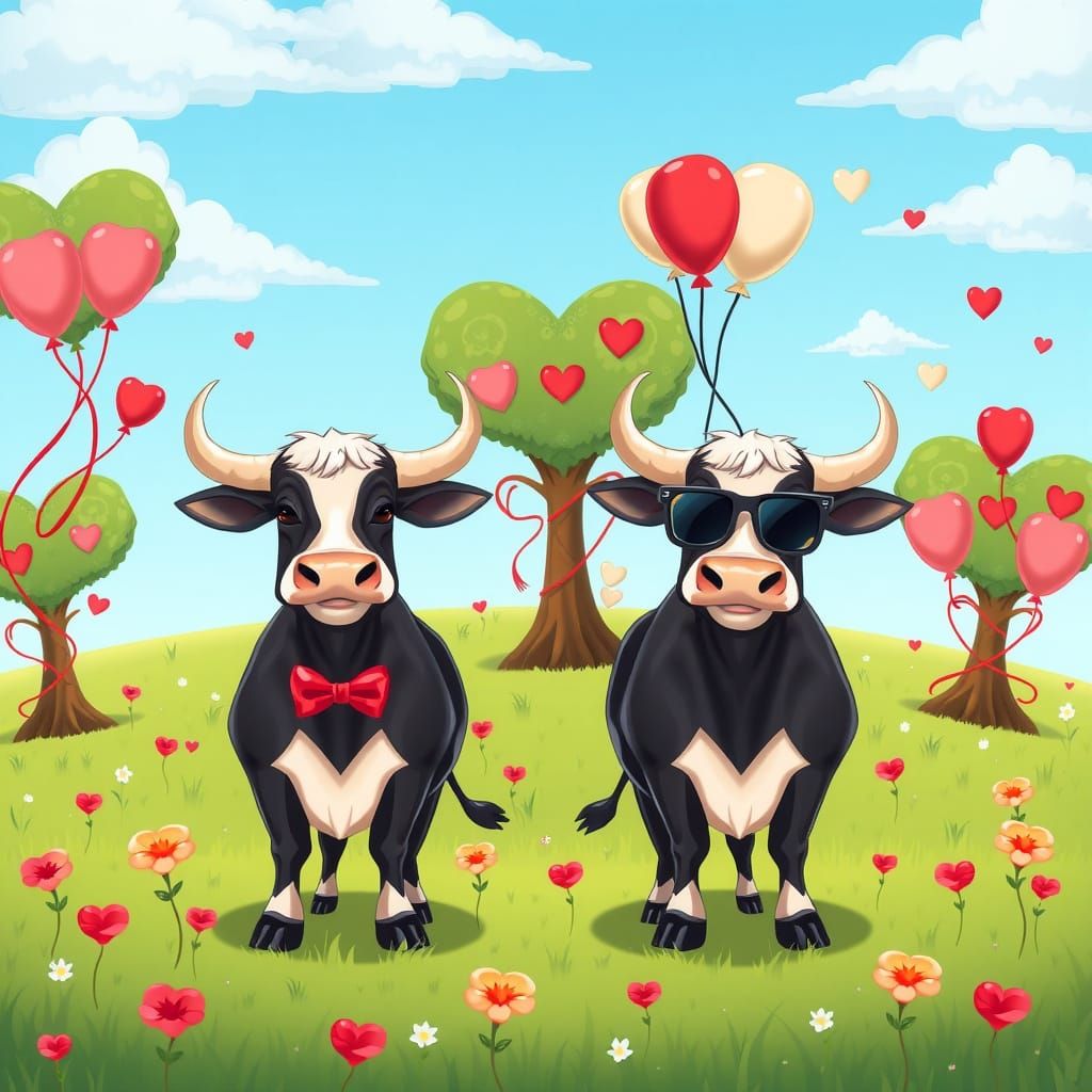 Cartoon Bulls in Whimsical Meadow Landscape