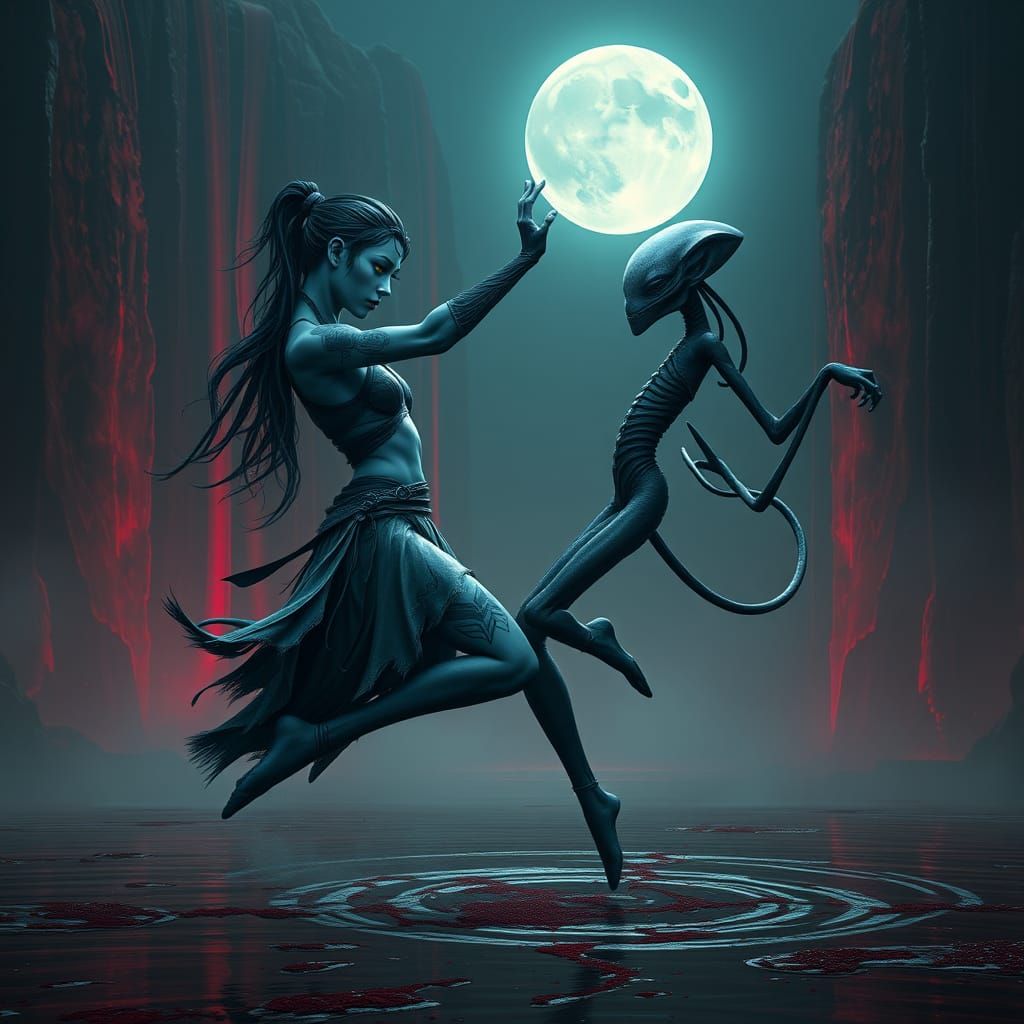 Warrior Woman and Alien Dance in Dark Fantasy